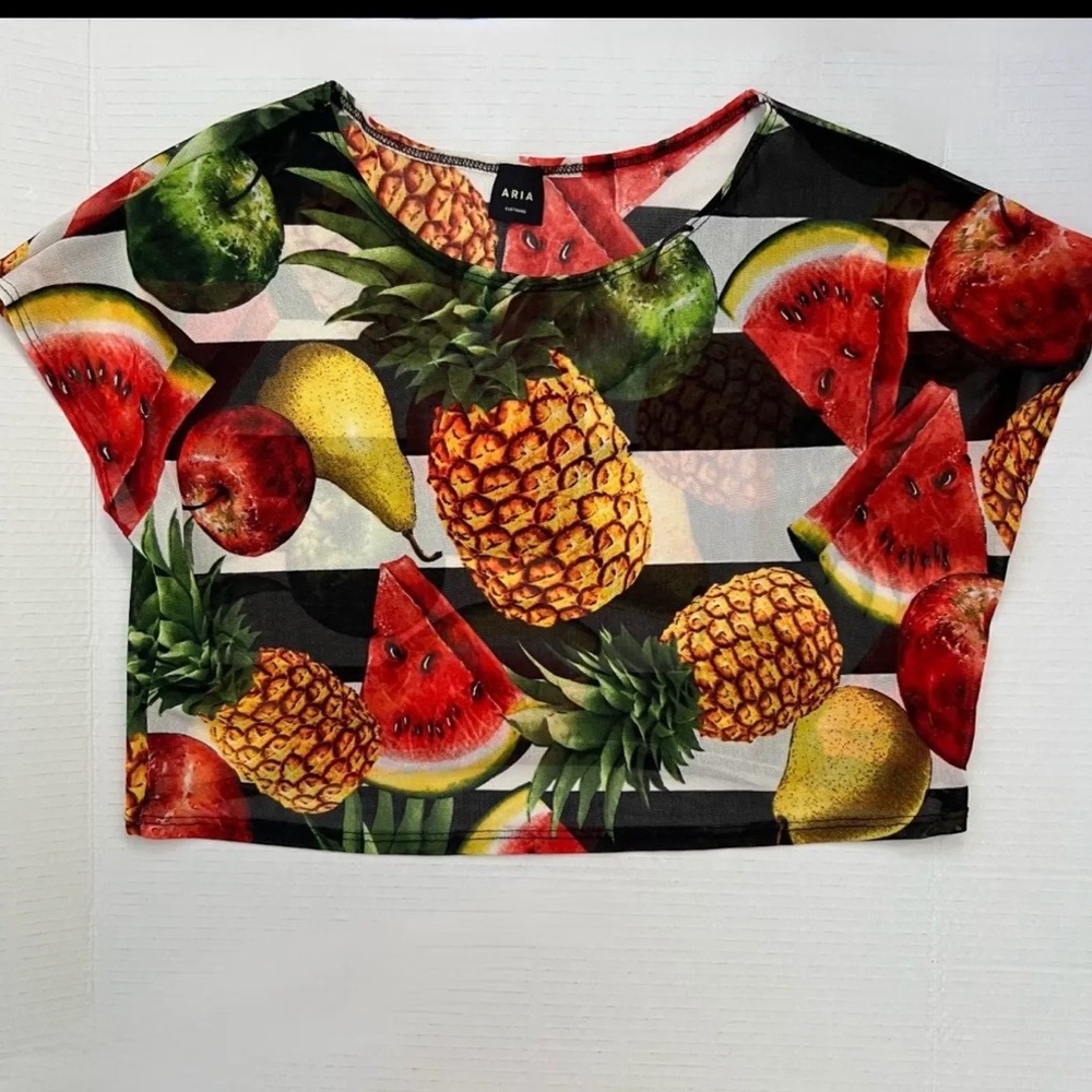 Aria Tropical Fruit-Print Crop Top in Black, Yellow, Red, Green